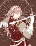  arm_up armor artist_name bangs belt brown_background buckle choker commentary fire_emblem fire_emblem_if gloves hair_between_eyes hairband highres holding holding_sword holding_weapon long_hair nash-kun one_eye_closed pink_hair smile soleil_(fire_emblem_if) sword upper_body watermark weapon web_address white_gloves 