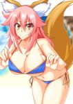  1girl animal_ears bikini breasts cleavage collarbone fate/extra fate/grand_order fate_(series) fiesta_(fiesta303) fox_ears fox_tail groin highres large_breasts long_hair looking_at_viewer navel pink_hair solo swimsuit tail tamamo_(fate)_(all) tamamo_no_mae_(swimsuit_lancer)_(fate) underboob yellow_eyes 