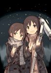  2girls arm_grab bag binoculars blush brown_eyes brown_hair cellphone coat collared_shirt eyebrows eyebrows_visible_through_hair head_tilt highres holding_phone kyuri long_hair long_sleeves multiple_girls night open_clothes open_coat original outdoors parted_lips phone pointing scarf shirt smartphone sweater telescope white_shirt wing_collar 