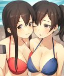  akagi_(kantai_collection) asymmetrical_docking bikini blush breast_press breasts brown_eyes brown_hair cellphone cheek-to-cheek cheek_press cleavage day erubesuto kaga_(kantai_collection) kantai_collection long_hair ocean one_eye_closed outdoors phone smile summer sweatdrop swimsuit yuri 