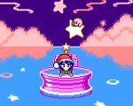  1girl blue_eyes blue_hair clouds doremy_sweet fountain fountain_of_dreams hat kaelu kirby kirby_(series) lowres nightcap pixel_art red_hat star star_rod touhou |_| 