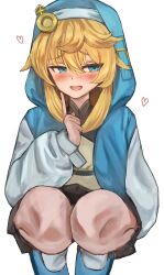 1girl androgyne_symbol androgynous blonde_hair blue_eyes blue_footwear blush bridget_(guilty_gear) female_focus guilty_gear guilty_gear_strive hair_between_eyes highres hood hoodie naname_sirosiro sidelocks skirt solo white_background