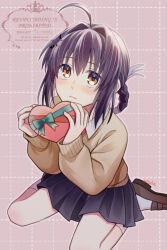  1other ahoge black_hair box braid braided_ponytail brown_footwear fate/grand_order fate/samurai_remnant fate_(series) green_ribbon heart-shaped_box highres legs light_blush long_hair looking_at_viewer mitaka0205 orange_hair pink_background ribbon school_uniform skirt socks white_socks yamato_takeru_(fate) 