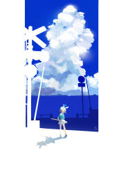  1girl absurdres arona_(blue_archive) blue_archive blue_hair blue_shirt closed_eyes clouds from_behind hair_over_one_eye hair_ribbon hairband highres holding holding_umbrella looking_at_viewer norio_(norio386) open_mouth ribbon sailor_collar shirt sidelocks skirt sky umbrella white_footwear white_hairband white_ribbon white_sailor_collar white_skirt 