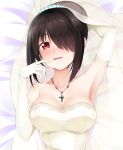  1girl black_hair blush breasts bridal_veil cleavage cross cross_necklace date_a_live dress hair_over_one_eye highres jewelry large_breasts long_hair looking_at_viewer necklace qiuzhi_huiyi red_eyes smile solo strapless strapless_dress tokisaki_kurumi veil wedding_dress white_dress 