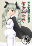  1girl anchovy big_belly bow cape collar collared_shirt dead_people girls_und_panzer green_hair hair_bow necktie open_eyes open_mouth pantyhose pregnant red_eyes shirt solo translation_request twintails white_legwear 