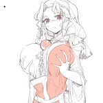  1girl breast_grab breast_hold breasts chiyoshi_(sevendw) deep_skin dress female grabbing hood kumoi_ichirin large_breasts limited_palette monochrome red_eyes solo spot_color touhou white_background 