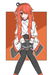  a.i._voice absurdres adachi_rei alternate_costume belt black_footwear black_gloves black_skirt black_thighhighs capelet closed_mouth gloves hair_over_one_eye highres jacket long_bangs long_hair long_sleeves miniskirt noir_(noire6959) orange_belt orange_eyes orange_hair shirt skirt smile thigh-highs utau white_capelet white_jacket zettai_ryouiki 