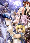  5girls :d animal_ears aqua_eyes armor bangs bare_shoulders barefoot black_gloves black_legwear blonde_hair blue_eyes blunt_bangs blush braid breasts brown_eyes cape cat_ears character_request clenched_hands clouds cloudy_sky dark_skin demon_horns djeeta_(granblue_fantasy) doraf dress easel elbow_gloves erun_(granblue_fantasy) fingerless_gloves frills gloves granblue_fantasy hair_ornament hair_over_one_eye hair_ribbon hairband horns katana korwa large_breasts lavender_hair long_hair looking_at_viewer makishima_rin medium_breasts multiple_girls narumeia_(granblue_fantasy) o_o open_mouth orange_hair outstretched_arms pointy_ears puffy_short_sleeves puffy_sleeves quill ribbon sara_(granblue_fantasy) short_hair short_sleeves silver_hair single_braid sky sleeveless smile solid_circle_eyes sweatdrop sword teeth the_order_grande thunder wavy_mouth weapon white_gloves white_hair 