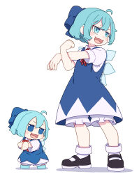  2girls :3 :d absurdres ahoge black_footwear bloomers blue_bow blue_dress blue_eyes blue_footwear blue_hair blush_stickers bow cirno collared_shirt commentary_request dress exercising full_body fumo_(doll) hair_bow highres ice ice_wings kame_(kamepan44231) multiple_girls open_mouth shirt shoes short_hair short_sleeves simple_background smile socks standing touhou v-shaped_eyebrows white_background white_bloomers white_shirt white_socks wings 