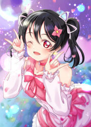  1girl ;d \m/ absurdres bare_shoulders black_hair blush bokutachi_wa_hitotsu_no_hikari breasts commentary_request detached_sleeves double_\m/ dress frilled_sleeves frills hair_ribbon highres iroenpitsu_xxx leaning_forward light_particles looking_at_viewer love_live! love_live!_school_idol_project love_live!_the_school_idol_movie medium_breasts medium_hair nico_nico_nii official_alternate_costume one_eye_closed open_mouth pink_dress purple_background red_eyes ribbon sleeveless sleeveless_dress smile solo twintails white_ribbon white_sleeves yazawa_nico 