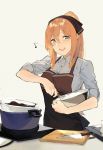  1girl :d apron blush brown_hair chocolate collar collared_shirt cutting_board dress_shirt duoyuanjun eyebrows eyebrows_visible_through_hair food girls_frontline green_eyes hair_between_eyes hair_ornament head_tilt highres holding icing kitchen_knife knife long_hair long_sleeves looking_at_viewer m1903_springfield_(girls_frontline) mixing mixing_bowl musical_note open_mouth personification ponytail pot quaver ribbon shirt simple_background sleeves_rolled_up smile solo stove upper_body whisk wing_collar 