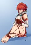 1girl ahoge armor bare_legs bare_shoulders barefoot bdsm blue_background blush bondage bound bound_ankles bound_legs bound_wrists breastplate breasts brown_gloves detached_sleeves feet fire_emblem fire_emblem_if full_body gag gloves hair_between_eyes highres hinoka_(fire_emblem_if) improvised_gag long_sleeves lost_one_zero no_legwear own_hands_together red_eyes red_rope redhead restrained rope shibari short_hair signature simple_background sitting small_breasts solo toes 