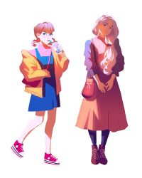  2girls alternate_costume annette_fantine_dominic arm_up bag black_socks blonde_hair blue_dress blue_sweater blunt_bangs brown_footwear brown_skirt bubble_tea chuwenjie closed_mouth commentary converse cup disposable_cup dot_nose dress drinking_straw drinking_straw_in_mouth english_commentary fashion fire_emblem fire_emblem:_three_houses full_body hair_over_shoulder hair_rings head_tilt highres holding holding_cup jacket long_sleeves looking_to_the_side mercedes_von_martritz multiple_girls orange_hair pink_shirt shirt shoulder_bag skirt sleeves_past_wrists smile socks standing sweater turtleneck yellow_jacket 