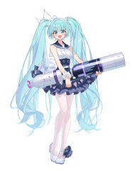  1girl :d absurdres aqua_hair audio_visualizer bare_arms bare_shoulders blue_archive blue_eyes blue_hair blue_sailor_collar blue_skirt blush buttons center_frills commentary contrapposto double-breasted frilled_skirt frills full_body hair_ornament hatsune_miku heel_up high-waist_skirt highres holding layered_skirt long_hair looking_at_viewer miniskirt multicolored_hair open_mouth pantyhose sailor_collar scrunchie shirt simple_background skirt sleeveless sleeveless_shirt smile solo standing streaked_hair twintails twitter_username underbust very_long_hair vocaloid white_background white_footwear white_pantyhose white_scrunchie wrist_scrunchie xintianou 