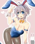  1girl animal_ears aoba_(kantai_collection) bangs beige_background blue_eyes blush bow bowtie breasts bunny_tail bunnysuit cleavage commentary_request detached_collar fake_animal_ears fishnet_pantyhose fishnets gomasamune hairband heart highres kantai_collection md5_mismatch medium_breasts open_mouth pantyhose pink_hair ponytail rabbit_ears saluting short_hair simple_background sketch smile solo tail wrist_cuffs 