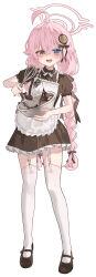  1girl :d absurdres ahoge alternate_costume apron blue_archive blue_eyes blush braid brown_dress brown_footwear brown_ribbon character_name chocolate colored_eyelashes commentary cooking crossed_bangs dress enmaided eyebrows_hidden_by_hair fang frilled_apron frilled_dress frilled_sleeves frills full_body garter_straps hair_between_eyes hair_ribbon halo happy heart heart_in_eye heterochromia highres hoshino_(blue_archive) long_hair looking_at_viewer low_twintails maid maid_apron mary_janes nyangpan open_mouth pink_hair pink_halo puffy_short_sleeves puffy_sleeves ribbon shoes short_dress short_sleeves simple_background smile solo sparkle standing symbol_in_eye thigh-highs twin_braids twintails valentine very_long_hair white_apron white_background white_thighhighs yellow_eyes zettai_ryouiki 