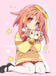  1girl akihime_sumomo animal bell black_footwear closed_mouth colored_shadow commentary drop_shadow expressionless full_body glasses hair_ribbon head_tilt holding holding_animal long_sleeves looking_at_viewer mary_janes miniskirt nanatsuiro_drops neck_bell pink_background pink_thighhighs plaid_clothes plaid_skirt pleated_skirt puffy_long_sleeves puffy_sleeves red_eyes red_hair red_skirt ribbon satou_asuka school_uniform seijou_academy_school_uniform shadow shoes short_hair simple_background sitting skirt sleeves_past_wrists solo star_(symbol) sweater tareme thigh-highs wariza yellow_ribbon yellow_sweater yuki-chan 