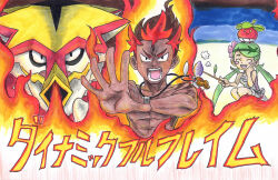  1boy 1girl black_shirt blush_stickers bounsweet breath_weapon breathing_fire dark-skinned_male dark_skin fire food green_hair highres kiawe_(pokemon) kicdon looking_at_viewer mallow_(pokemon) multicolored_hair open_mouth pokemon pokemon_(creature) pokemon_sm red_hair roasted_sweet_potato roasting shirt sweet_potato topless_male translation_request turtonator two-tone_hair z-move z-move_trainer_pose z-ring 