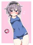  1girl 3: arms_behind_back blush breasts covered_navel floating_eye flying_sweatdrops hairband heart highres komeiji_satori kz_oji purple_hair school_swimsuit short_hair small_breasts solo sweat swimsuit thigh_gap third_eye touhou violet_eyes 