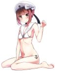  1girl anchor barefoot beret bikini bow breasts brown_eyes brown_hair feet full_body hat hat_bow highres kantai_collection kneeling looking_at_viewer military_hat nekobaka sailor_bikini sailor_collar sailor_hat short_hair simple_background sitting small_breasts solo striped striped_bow swimsuit wariza white_background white_bikini white_hat z3_max_schultz_(kantai_collection) 