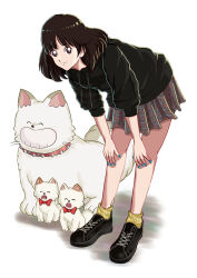  1girl absurdres asakura_minami black_footwear black_hoodie black_shirt blue_nails bow brown_eyes brown_hair closed_eyes collar dog highres hood hood_down hoodie leaning_forward looking_at_viewer na70103 plaid_clothes plaid_skirt punch_(touch) red_bow shirt shoes short_hair skirt smile socks touch_(manga) white_background yellow_socks 