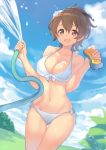  1girl bangs bare_shoulders bikini blush breasts brown_eyes brown_hair cleavage clouds collarbone commentary_request girls_und_panzer hair_ribbon highres hose kame^^ koyama_yuzu long_hair looking_at_viewer navel open_mouth outdoors ponytail ribbon short_ponytail side-tie_bikini sky smile soap solo sponge swimsuit water wet white_bikini white_swimsuit 