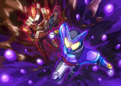 2boys absurdres armor black_bodysuit bodysuit brown_armor chocodon_(white_chocolate) chocolate commentary energy_gun full_body gloves gun helmet henshin_belt_gavv highres holding holding_gun holding_weapon kamen_rider kamen_rider_gavv kamen_rider_gavv_(poppingummy_form) kamen_rider_gavv_(series) kamen_rider_valen looking_at_viewer male_focus multiple_boys otokamu popping_gummy purple_armor red_armor rider_belt tokusatsu weapon yellow_eyes