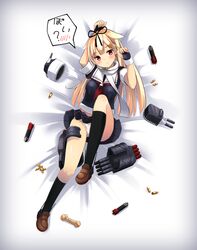  1girl ammunition arms_up bite_mark black_gloves black_legwear black_ribbon black_serafuku black_skirt blonde_hair blush bone breasts brown_shoes fingerless_gloves gloves gradient_hair hair_flaps hair_ornament hair_ribbon hairclip hanley head_tilt kantai_collection loafers long_hair looking_at_viewer lying machinery medium_breasts miniskirt multicolored_hair neckerchief on_back panties pantyshot pantyshot_(lying) pleated_skirt poi red_eyes remodel_(kantai_collection) ribbon scarf school_uniform serafuku shoes short_sleeves skirt solo straight_hair torpedo turret underwear white_panties white_scarf yuudachi_(kantai_collection) 