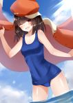  1girl absurdres bakemonogatari brown_eyes brown_hair cabbie_hat hat highres jacket_on_shoulders monogatari_(series) school_swimsuit sengoku_nadeko short_hair sll swimsuit 