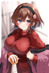 1girl asahi_(kancolle) asahi_(setsubun)_(kancolle) blue_eyes braid breasts brown_hair club_(weapon) highres holding holding_club holding_weapon kanabou kantai_collection kasashi_(kasasi008) large_breasts long_sleeves looking_at_viewer official_alternate_costume red_happi red_sweater short_hair single_braid solo sweater weapon 