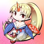  1girl absurdly_long_hair alcohol bare_shoulders blonde_hair breasts chibi cleavage fang gradient gradient_background horn hoshiguma_yuugi hoshiguma_yuugi_(promo) japanese_clothes kimono kuranosuke large_breasts long_hair off_shoulder pointy_ears ponytail red_eyes revealing_clothes sakazuki sake smile touhou very_long_hair 