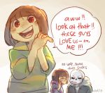  1boy 2015 androgynous bangs blunt_bangs blush blush_stickers brown_hair chara_(undertale) commentary dated english frisk_(undertale) hands_together hooded_top jacket michiru_(viridilly) open_mouth red_eyes sans shirt skeleton smile striped striped_shirt undertale whispering 
