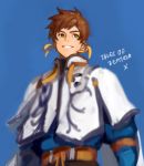  1boy brown_hair copyright_name earrings feather_earrings green_eyes grin jewelry male_focus short_hair smile solo sorey_(tales) tales_of_(series) tales_of_zestiria title upper_body yarr 