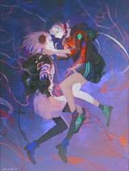  2girls abstract_background ankle_boots black_pantyhose blue_eyes blue_footwear blue_hair boots cevio dated dress dual_persona floating from_side full_body green_footwear hair_ornament hand_on_another&#039;s_face highres hood hood_down hooded_dress kamitsubaki_studio long_sleeves looking_at_another multicolored_dress multicolored_hair multiple_girls ofgwr pantyhose red_hair rim_(kamitsubaki_studio) rime_(cevio) shoes short_hair sneakers socks three-quarter_sleeves two-tone_hair virtual_youtuber white_hair 