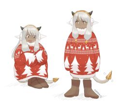  1girl absurdres animal_ears artist_name ash_(fire_emblem) brown_eyes commentary cow_ears cow_girl cow_horns cow_tail dark-skinned_female dark_skin dated english_commentary fire_emblem fire_emblem_heroes fur-trimmed_sweater fur_trim highres horns kaphrin long_hair multiple_views oversized_clothes oversized_sweater simple_background sitting sleeves_past_fingers sleeves_past_wrists smile standing sweater tail white_background white_hair 