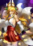  1girl absurdres animal_ears armpit_peek bare_shoulders blonde_hair breasts closed_mouth cowboy_shot detached_sleeves erect_nipples fox_ears fox_girl fox_tail hair_ribbon hakama_skirt highres hip_vent izuna_(shinrabanshou) japanese_clothes kyuubi lipstick long_hair looking_at_viewer makeup medium_breasts miko multiple_tails red_eyes red_lipstick red_ribbon red_skirt ribbon ribbon-trimmed_legwear ribbon_trim scroll shimashima_(pixiv3696209) shimashima_(simasima_23) shinrabanshou sideboob sidelocks skirt slit_pupils smile solo tail thigh-highs white_legwear wide_sleeves 