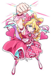  1girl arm_up armpits blonde_hair blue_eyes boots bow-shaped_hair bullfalk commentary cure_idol foreshortening full_body hair_ornament heart heart_hair_ornament highres kimi_to_idol_precure knee_boots long_hair magical_girl medium_skirt off-shoulder_shirt off_shoulder pink_shirt pink_skirt precure sakura_uta_(precure) shirt simple_background skirt sleeveless sleeveless_shirt solo very_long_hair wavy_hair white_background white_footwear white_shirt 