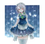  1girl apron blue_background blue_dress bow braid cowboy_shot curtsey dress hair_bow izayoi_sakuya looking_at_viewer maid maid_apron maid_headdress outside_border patterned_background petals redhead sakipsakip shirt short_dress short_hair silver_hair sketch smile solo thigh-highs thighs touhou twin_braids white_border white_legwear white_shirt zettai_ryouiki 