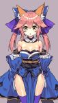  1girl animal_ears bare_shoulders blush bow breasts brown_eyes cleavage detached_collar detached_sleeves fate/extra fate_(series) fox_ears hair_bow japanese_clothes long_hair looking_at_viewer obi open_mouth pink_hair purple_legwear sash shiny shiny_skin side_slit simple_background solo tamamo_(fate)_(all) tamamo_no_mae_(fate) tangamja thigh-highs twintails 