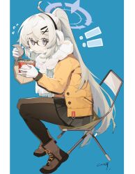  ! !! 1girl ahoge b_zhan_cm_yang black-framed_eyewear black_pantyhose black_skirt blonde_hair blue_archive blue_background boots brown_footwear chair earmuffs flying_sweatdrops folding_chair food fork from_side full_body glasses hair_ornament halo high_ponytail highres holding holding_food holding_fork jacket kotama_(blue_archive) kotama_(camp)_(blue_archive) long_hair looking_at_viewer miniskirt mouth_hold official_alternate_costume on_chair open_clothes open_jacket pantyhose pillarboxed pleated_skirt ponytail purple_halo ramen scarf signature simple_background sitting skirt solo very_long_hair violet_eyes white_scarf x_hair_ornament yellow_jacket 