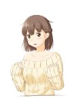  1girl blush brown_eyes brown_hair highres niwatazumi off_shoulder original ribbed_sweater short_hair simple_background sleeves_past_wrists solo sweater white_background 