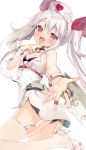  1girl :d ass azur_lane bandage bandaid bangs bare_shoulders belt black_bra black_panties blush bra breasts collar dress eyebrows_visible_through_hair fang garter_straps hair_between_eyes hair_ribbon hat heart_collar high_heels jewelry lips long_hair looking_at_viewer nurse_cap open_mouth outstretched_hand panties red_eyes red_ribbon ribbon ring shirako_sei silver_hair simple_background sleeveless sleeveless_dress slit_pupils small_breasts smile solo thigh-highs twintails underwear vampire_(azur_lane) very_long_hair white_background white_footwear white_legwear 