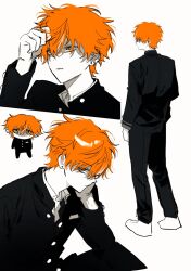  1boy black_pants black_shirt chibi chibi_inset colored_skin expressionless goguma_wagamja hand_on_own_cheek hand_on_own_face highres orange_hair pants project_sekai shinonome_akito shirt short_hair simple_background solo teeth very_short_hair white_background white_footwear white_skin 