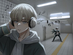  2boys black_jacket black_pants blunt_bangs candy food grey_eyes grey_hoodie hair_between_eyes hand_on_headphones headphones highres hood hoodie jacket kaji_ren lollipop long_sleeves multicolored_hair multiple_boys musical_note pants sakura_haruka_(wind_breaker) sweatdrop the_exit_8 tile_floor tile_wall tiles two-tone_hair white_hair wind_breaker_(nii_satoru) yorimeow 