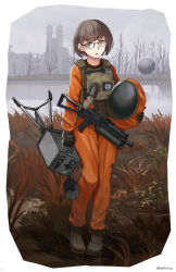  1girl absurdres bare_tree black-framed_eyewear black_footwear black_gloves boots brown_eyes brown_hair building commentary english_commentary full_body glasses gloves gun hazmat_suit highres holding looking_at_viewer ndtwofives parted_lips pp-19_bizon short_hair solo stalker_(game) stalker_2:_heart_of_chornobyl standing submachine_gun tree water weapon 