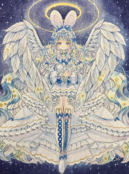  1girl absurdres amu_(m_aa) angel animal animal_ear_legwear animal_ears bandaid blue_bow blue_ribbon bow chinese_zodiac closed_mouth commentary cross-laced_clothes cross-laced_legwear dated double_halo dress feathered_wings full_body grey_eyes grey_hair hair_bow halo highres holding holding_animal holding_rabbit long_hair neck_ribbon night night_sky original painting_(medium) rabbit rabbit_ear_legwear rabbit_ears ribbon signature sky smile solo star_(symbol) thigh-highs traditional_media very_long_hair watercolor_(medium) wavy_hair white_dress white_footwear white_thighhighs white_wings wings year_of_the_rabbit 