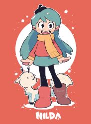  1girl absurdres antlers aqua_hair aqua_skirt artist_name beret black_eyes boots deer_antlers deerfox_(hilda) fox_tail hat highres hilda_(hilda) hilda_(series) hooves horns long_hair looking_at_viewer open_mouth orange_background orange_footwear orange_sweater rariatto_(ganguri) scarf skirt sweater tail teeth twig_(hilda) upper_teeth_only white_fur yellow_scarf 