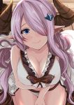  1girl bikini blue_eyes blush breast_hold breasts cleavage doraf front-tie_bikini front-tie_top granblue_fantasy hair_between_eyes hair_ornament horns kanzaki_kureha large_breasts long_hair looking_at_viewer narumeia_(granblue_fantasy) pointy_ears purple_hair solo swimsuit white_bikini 