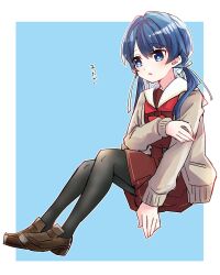  1girl black_pantyhose blue_background blue_eyes blue_hair blue_ribbon blush border borrowed_clothes brown_cardigan brown_dress brown_footwear cardigan check_commentary commentary_request dress full_body hair_ribbon hasu_no_sora_school_uniform highres invisible_chair kanduki_kamibukuro link!_like!_love_live! loafers long_hair long_sleeves love_live! low_twintails medium_dress mole mole_on_neck murano_sayaka neckerchief open_cardigan open_clothes outline outside_border pantyhose parted_lips pleated_dress red_neckerchief ribbon sailor_collar sailor_dress school_uniform shoes simple_background sitting solo translation_request twintails virtual_youtuber white_border white_outline white_sailor_collar winter_uniform 